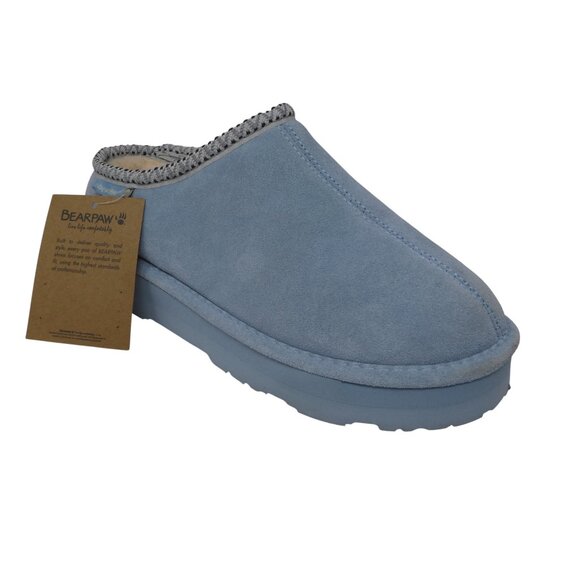 BearPaw Tabitha Tourmaline Blue Suede Wool Platform Clog Slippers NWT Womens 10 - Picture 1 of 16